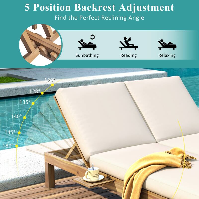 5-position adjustable backrest double recliner, outdoor lounger with cushion and foldable side tray, accommodates two people.