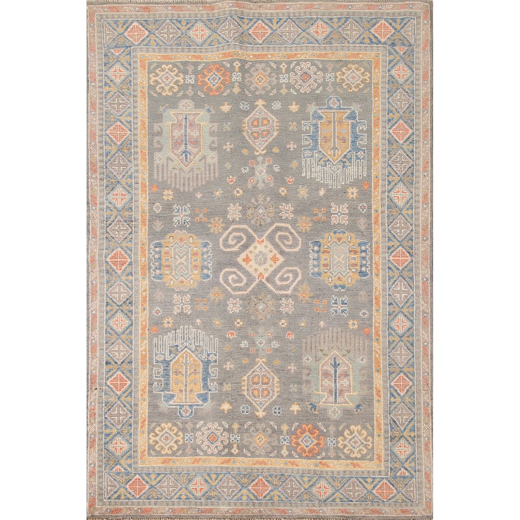 Traditional Kazak Area Rug Hand-Knotted Oriental Wool Carpet - 4'0"x 5'11"