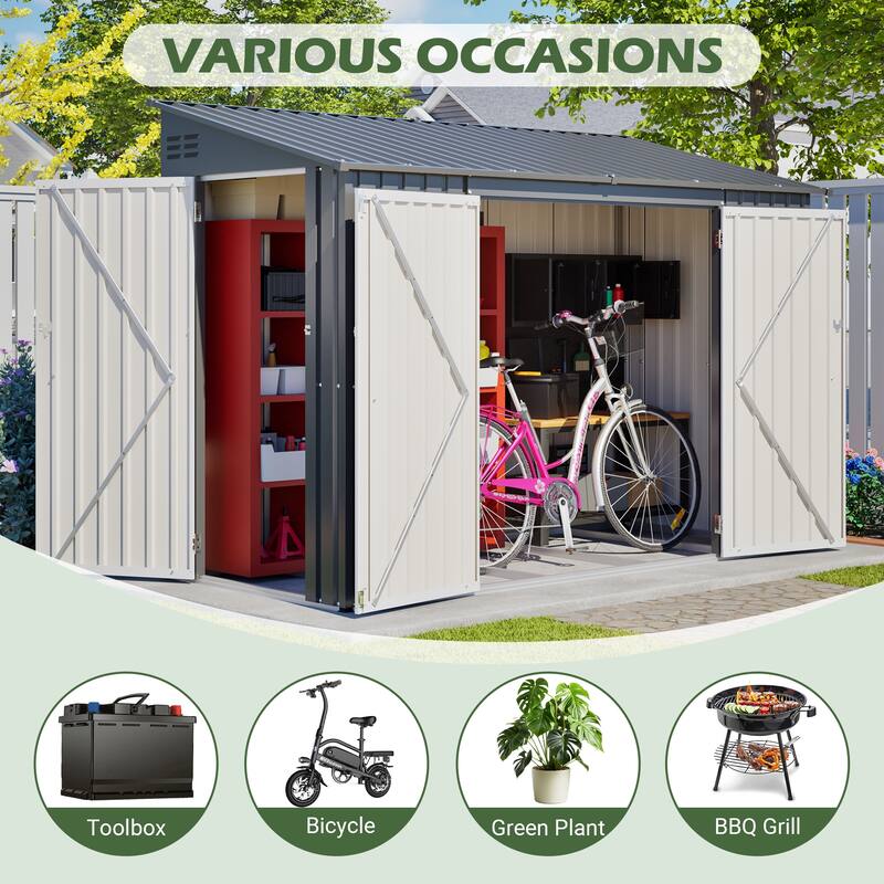 9 x 4 FT Outdoor Metal Storage Shed with Lockable Double Door, Waterproof Garden Tool Shed for Backyard