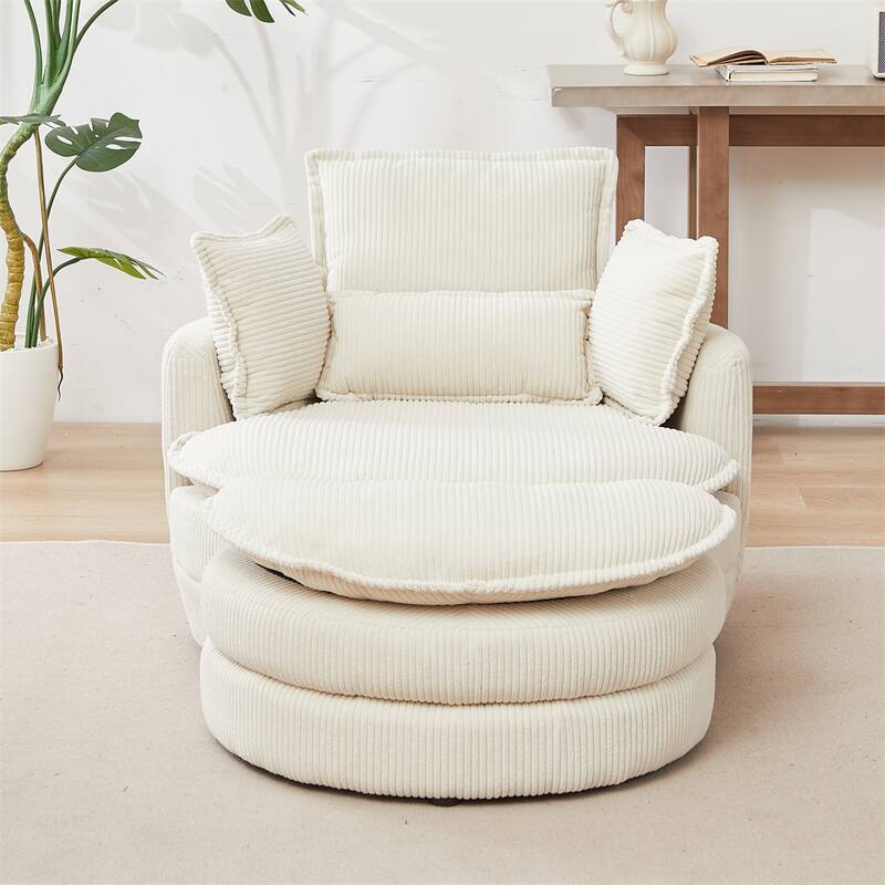 Oversized Swivel Chair with Moon Storage Ottoman with 4 Pillows - Beige