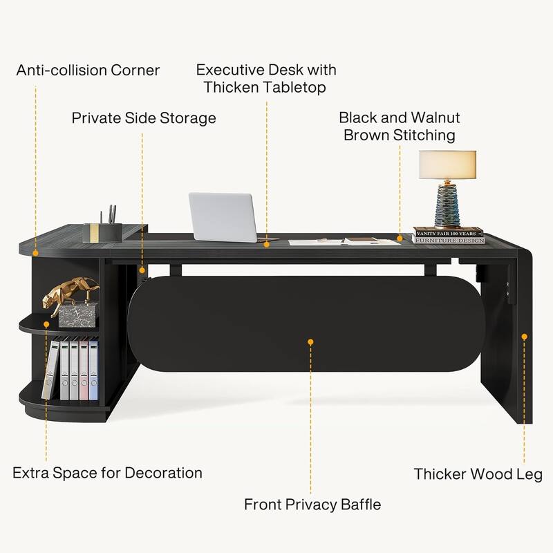 80 Inches Executive Desk, L-Shaped Office Desk with 55 Inches Cabine
