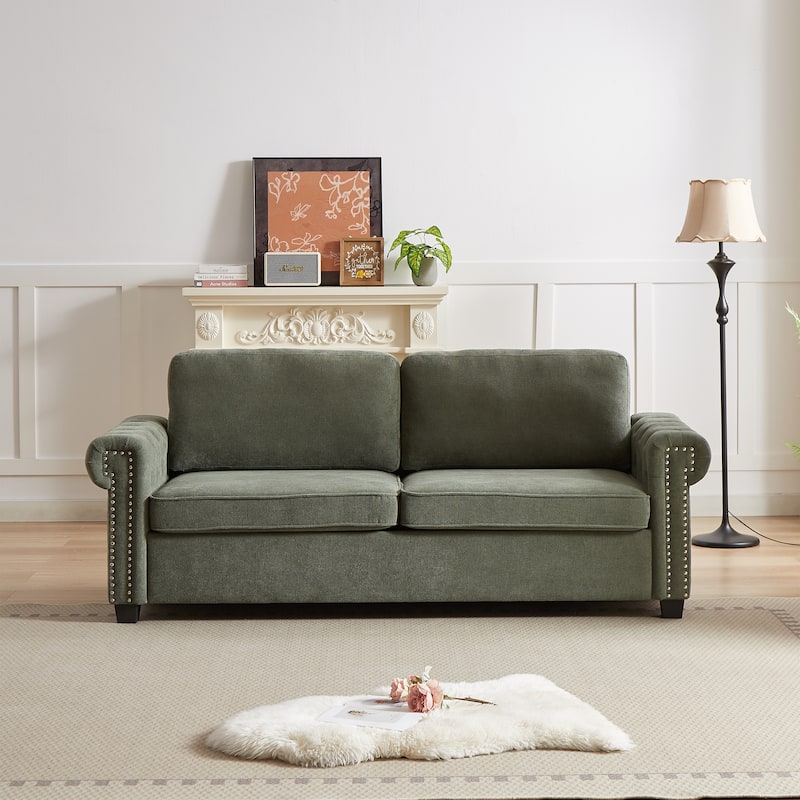 Green 83.8" 2-in-1 Polyester 3-seater Nailheads Convertible Pullout Sofa Bed with Folding Mattress for Living Room