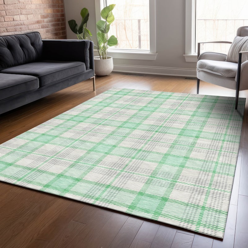 Machine Washable Indoor/ Outdoor Casual Plaid Chantille Rug - Seafoam - 2'6" x 3'10"