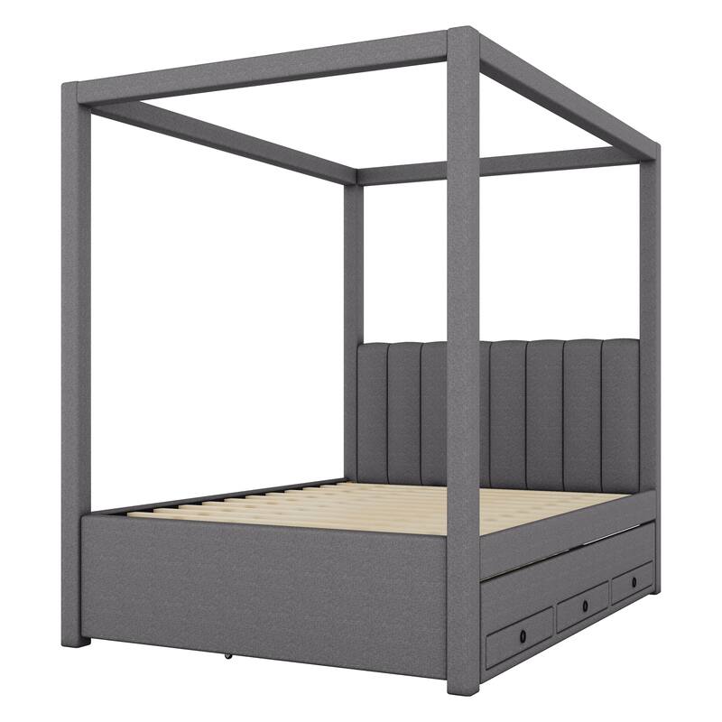 Twin/Full Size Upholstery Canopy Platform Bed with Trundle and Three Storage Drawers