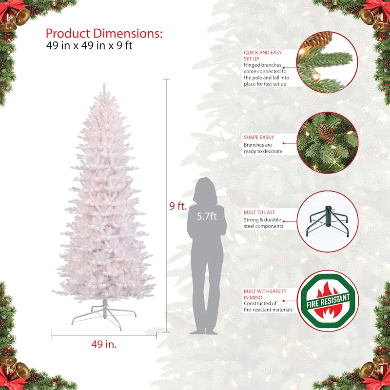 Puleo International 9 ' Pre-Lit White Slim Fraser Fir Artificial Christmas Tree
