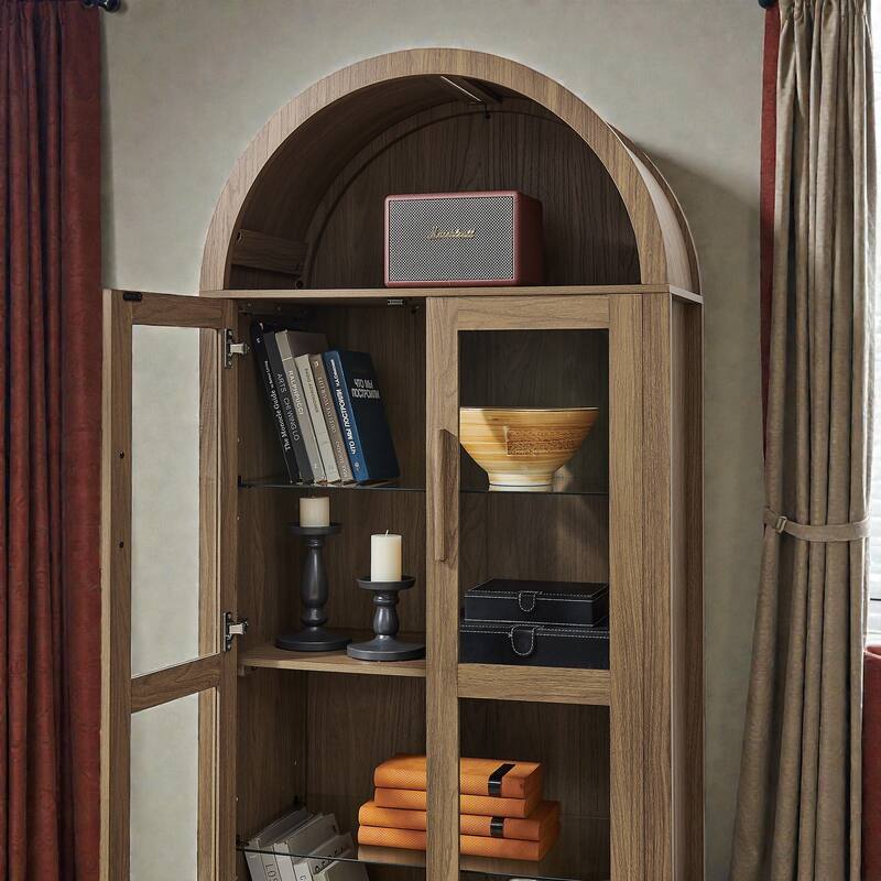 High Arched Wooden Storage Cabinet with LED Light, Adjustable Glass Shelves, Modern Retro Multi-Functional Display Locker