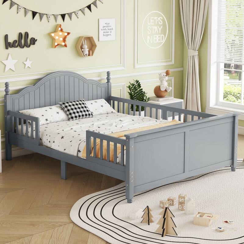 Full/Twin Wood Platform Bed for Kids, Bed Frame with Headboard & Footboard - Grey - Full