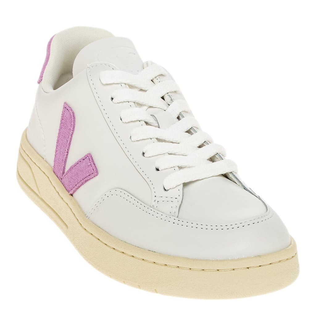 Veja Women's V-12 Leather Sneakers in White with Purple