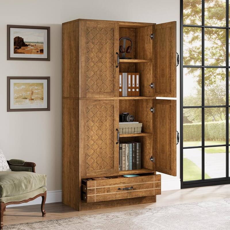 Bookcase with Door and Drawer, Farmhouse Tall Bookshelf Cabinet