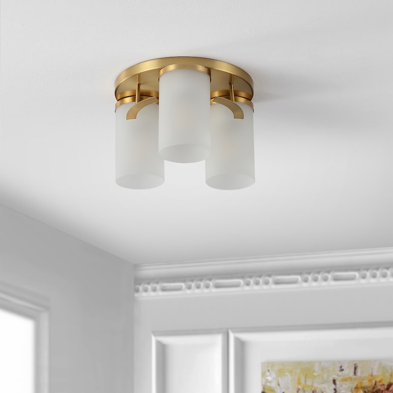 SAFAVIEH Lighting Inha Flush Mount - 12" W x 12" D x 7" H - 12Wx12Dx7H - Brass Gold/Acid Glass