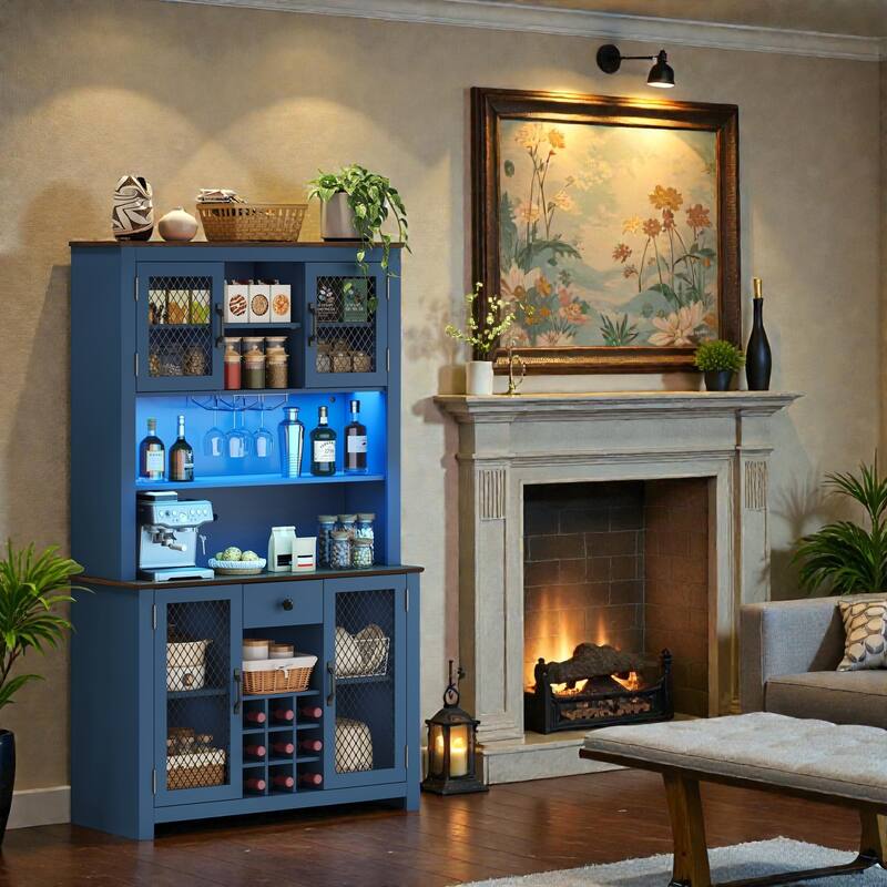 Rustic 70.9" Kitchen Hutch Pantry with LED Lights, AC/USB Outlets, Wine Bottle Rack, Glass Storage and Adjustable Shelves