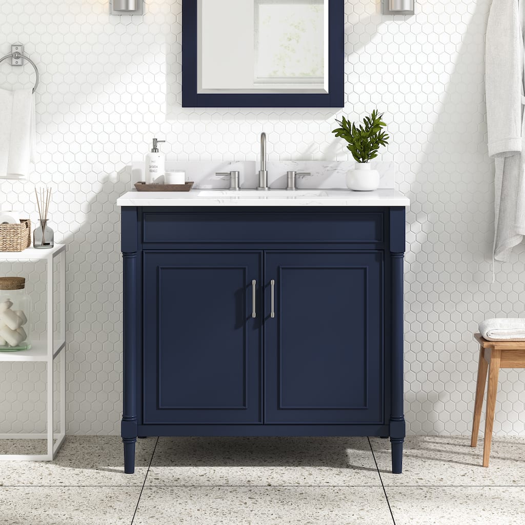 Avanity Bristol 37 in. Bath Vanity in Navy Blue finish and Cala White Engineered Top