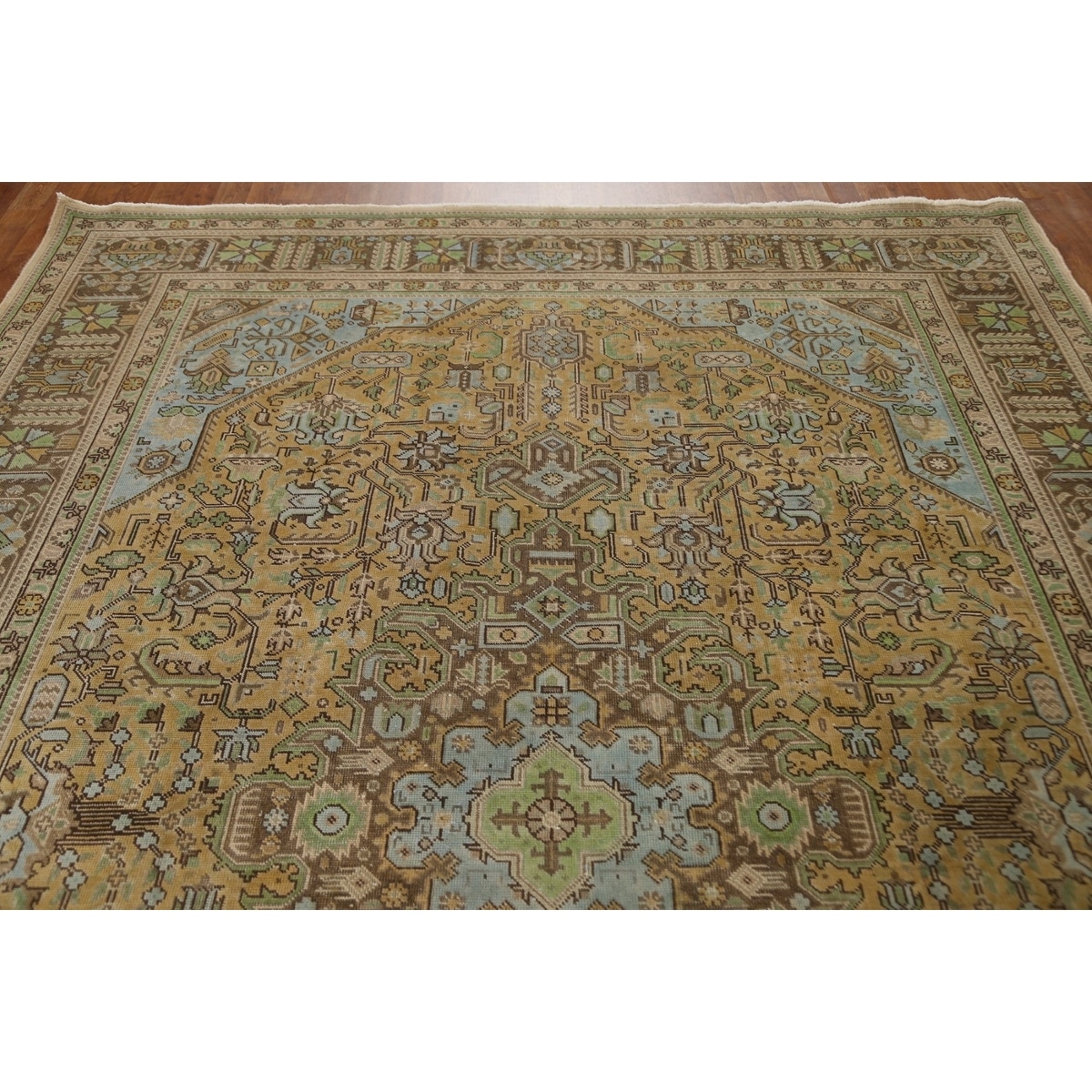 Vintage Over-Dyed Tabriz Persian Area Rug Hand-Knotted Wool Carpet - 7'10 x 10'10 - Gold/ Brown/ Light Blue