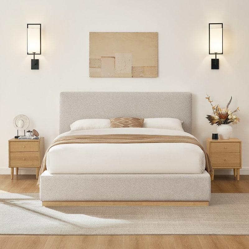 Spruce & Spring Modern Boucle Upholstered Platform Bed with Solid Wood Frame - Oatmeal - Full