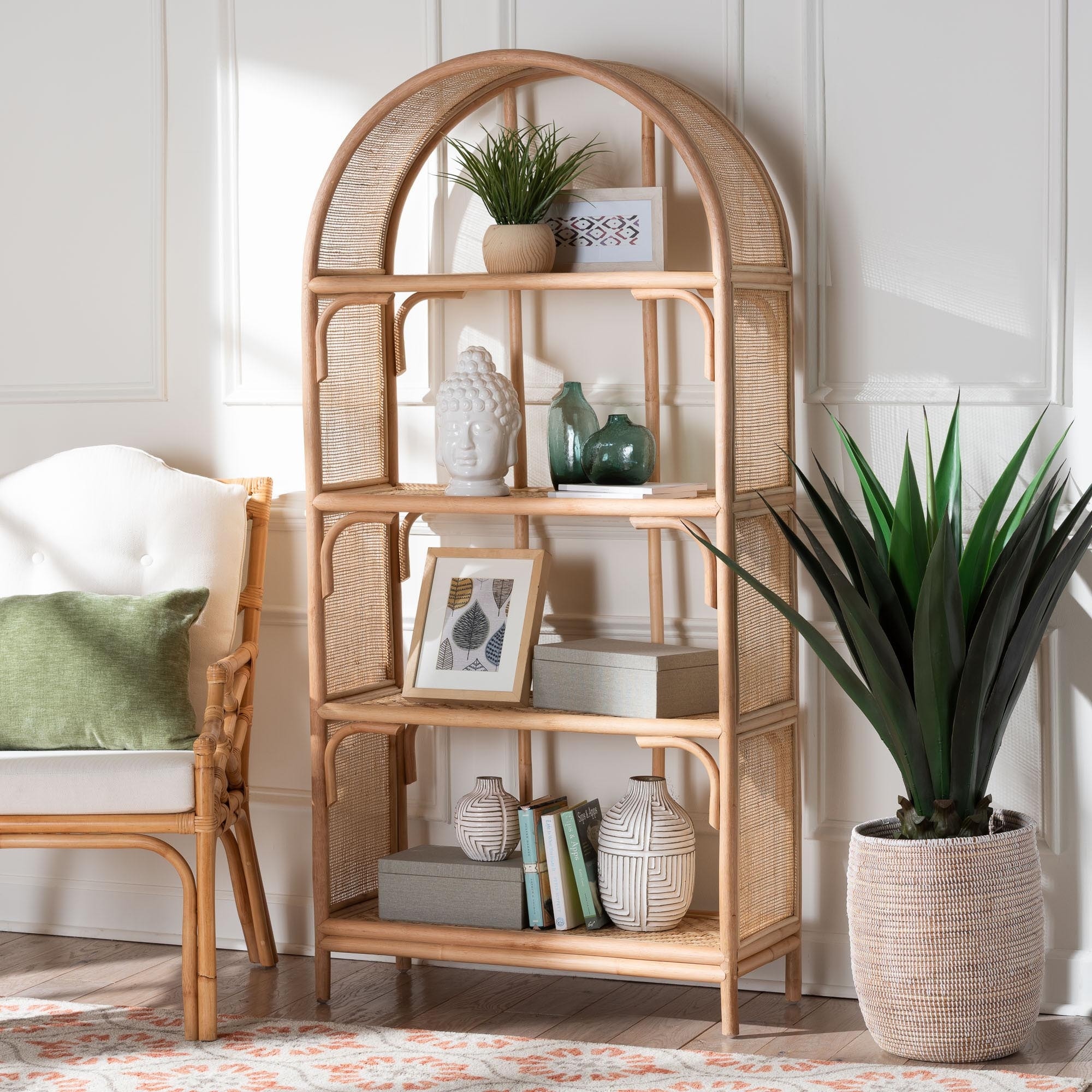 Natania Natural Rattan 4-Tier Display Shelf - Handwoven Arched