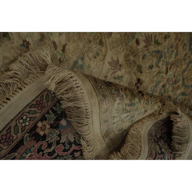 Hand Knotted Oriental Silk Carpet Traditional Floral Beige & Ivories Kashmir Area Rug - 7' 4'' X 6' 11''