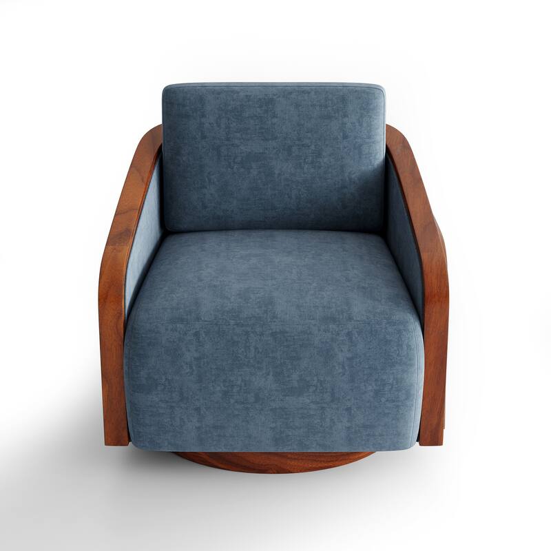 Upholstered Swivel Barrel Chair with Curved Wood Arms