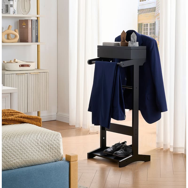 Mavy Wood Valet Stand with Tray and Shoe Shelf Organizer - 18"L x 16"D x 44"H - Black