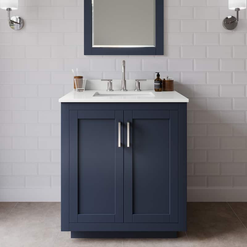 Wyndham Collection WCF292930S-QTZ-US3MXX Miranda 30" Free Standing - Dark Blue / White Quartz Top / Brushed Nickel