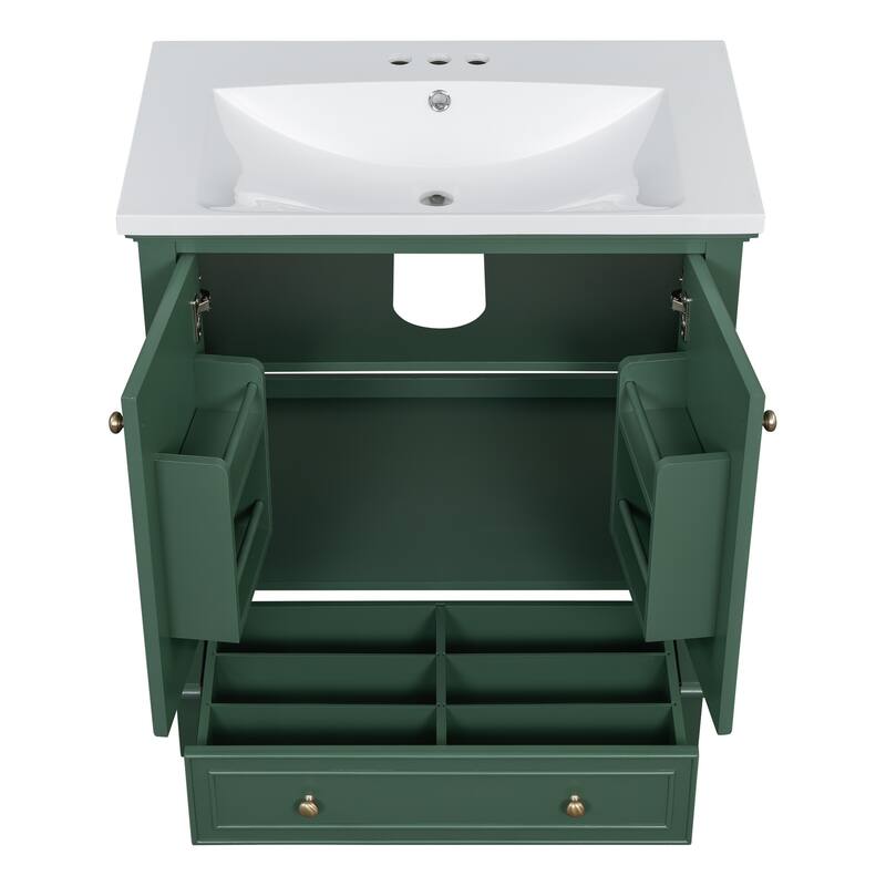 Bathroom Vanity with Ceramic Sink, Solid Wood & MDF Base, 1 Drawer & 2 Doors, Adjustable Shelf - 30in L Solid Wood+MDF