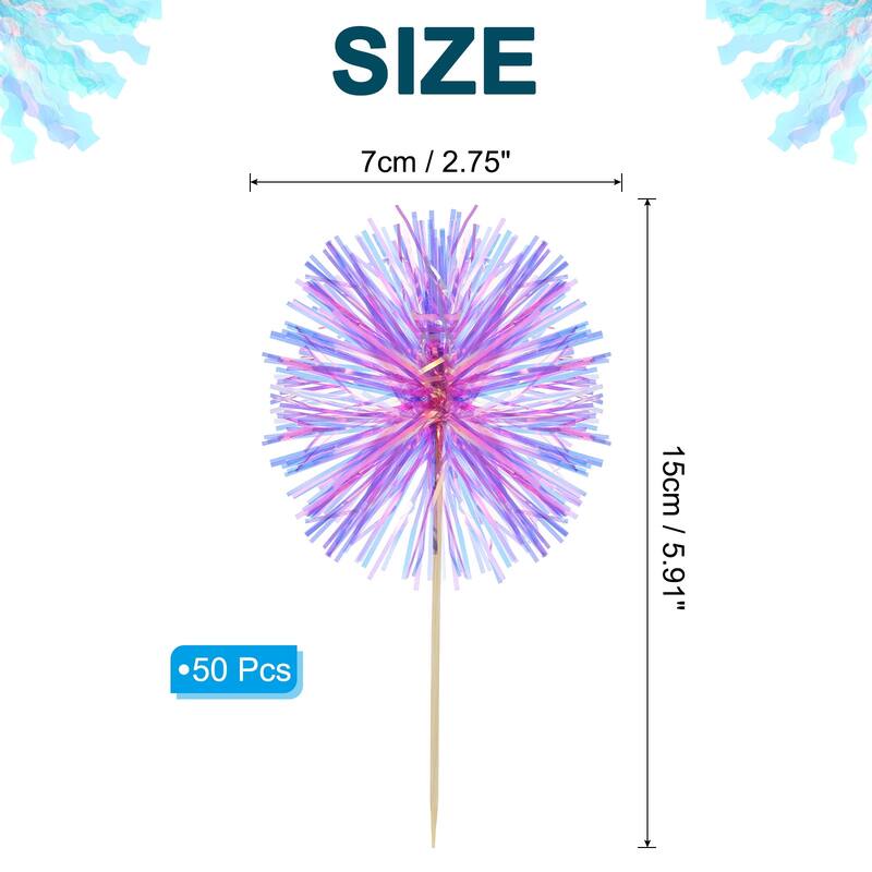 50 Pcs Firework Cupcake Toppers Sparkle Tinsel Picks - Rose Red