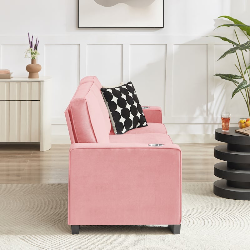 84.25" Velvet 3-Seater Sofa, Armrest Cup Holders and Spring Cushions