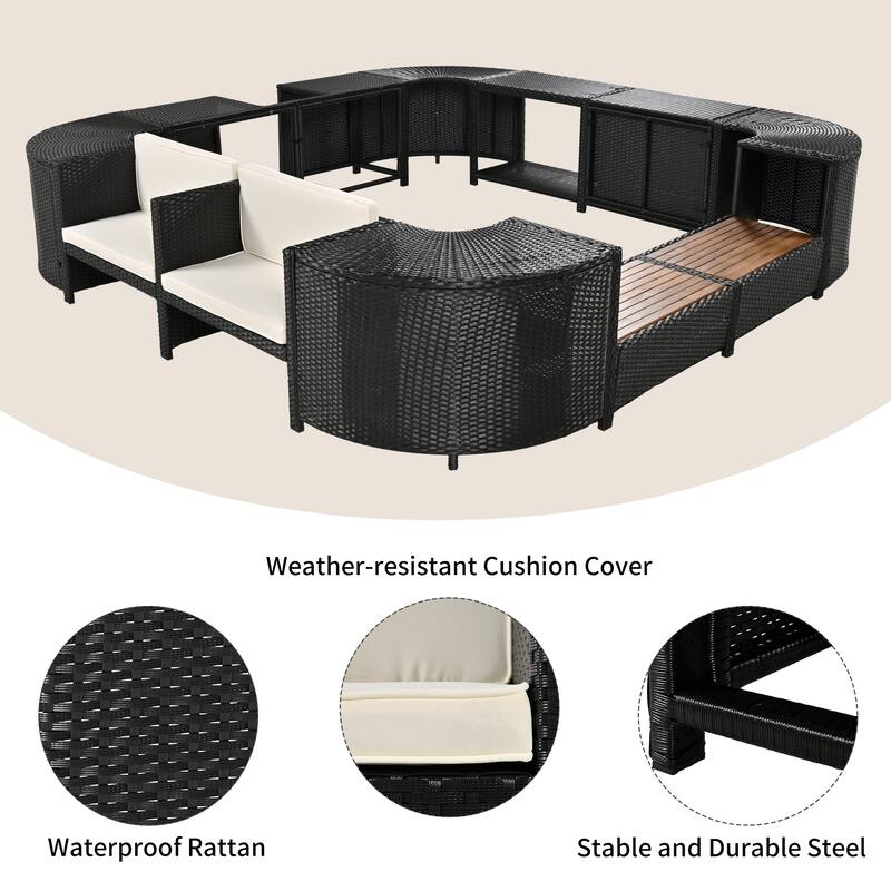 Outdoor Rattan Spa Frame Conversation Sofa Set with Storage & Wooden Bench