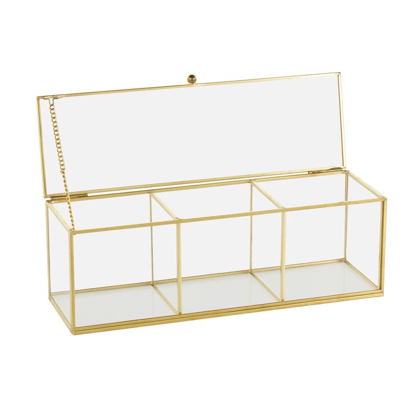 Glass Slim Rectangular 3 Slot Decorative Jewelry Box with Gold Metal Frame and Chain Accent - Clear - Roche River Decor