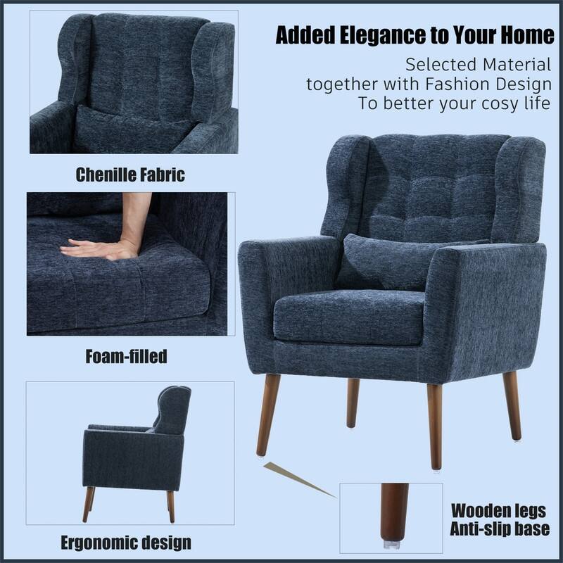 Modern Chenille Upholstered Armchair with Pillow and Solid Wood Leg