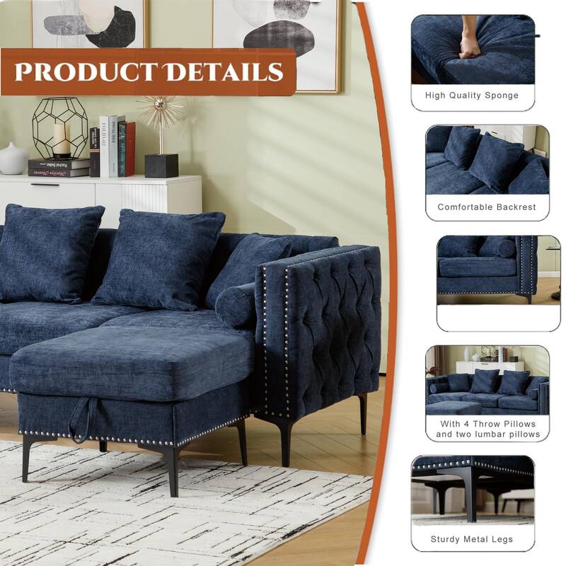85'' L-Shaped 4 Seater Sectional Sofa with Convertible Storage Ottoman, Pillows, Solid Wood Frame, Modern Tufted Design