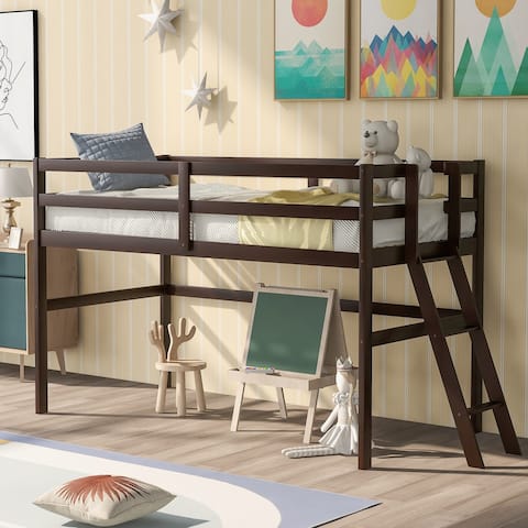 Wooden Twin Size Low Loft Bed with Ladder