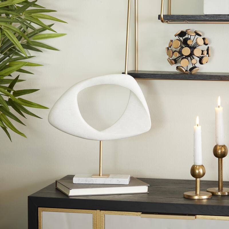 White Polystone Cut-Out Abstract Decorative Sculpture with Marble Stand - White - 12"W, 13"H