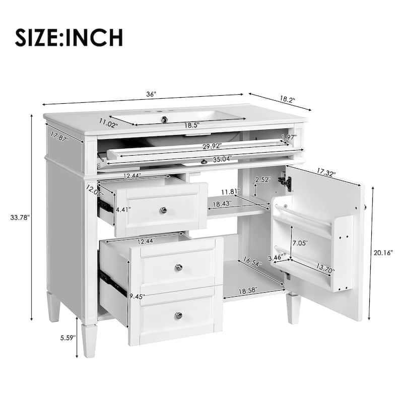 Anmytek 36 Inch Bathroom Vanity with Sink Top Modern Storage Cabinet with 2 Drawers and Tip Out Drawer