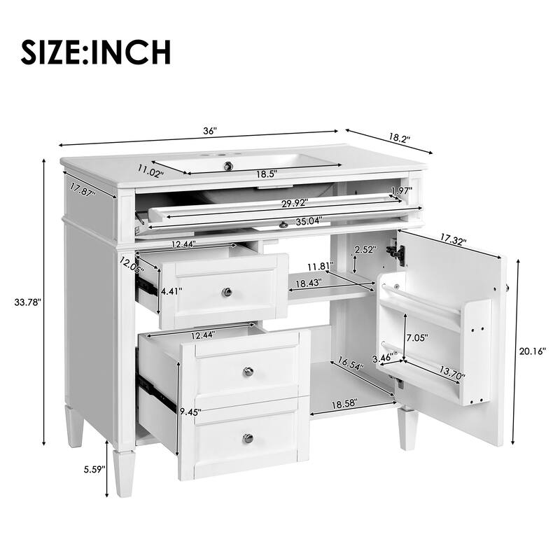 Modern Single Sink Bathroom Vanity Cabinet with Door Rack, Tip-out Drawer, 2 Pull-out Drawers, Metal Knobs and Adjustable Shelf