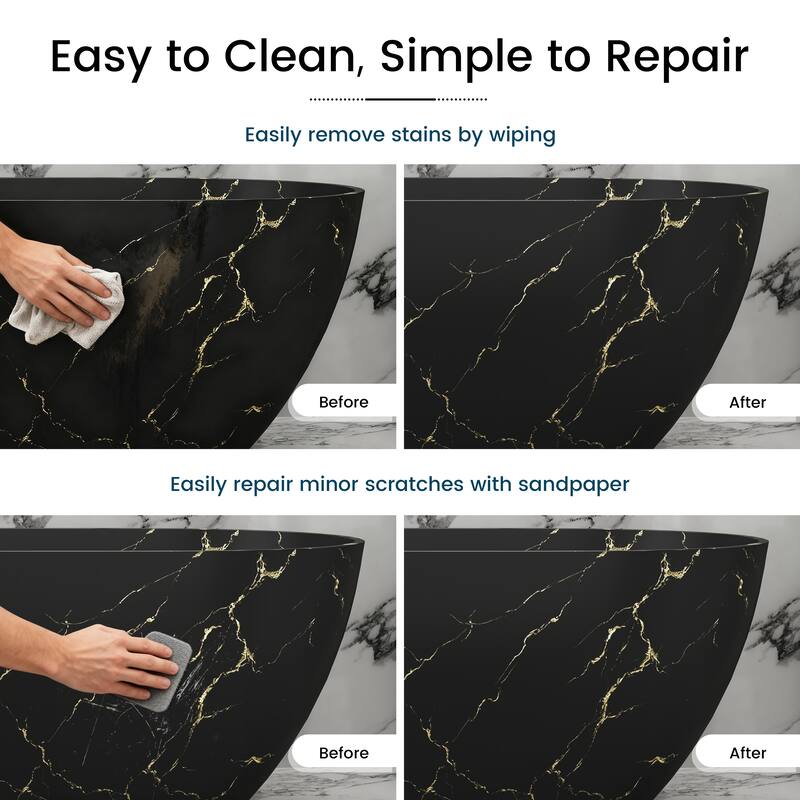 59 in Solid Surface Freestanding Soaking Bathtub in Matte Black with Sky Mirror Star River Marble Pattern, Center Drain