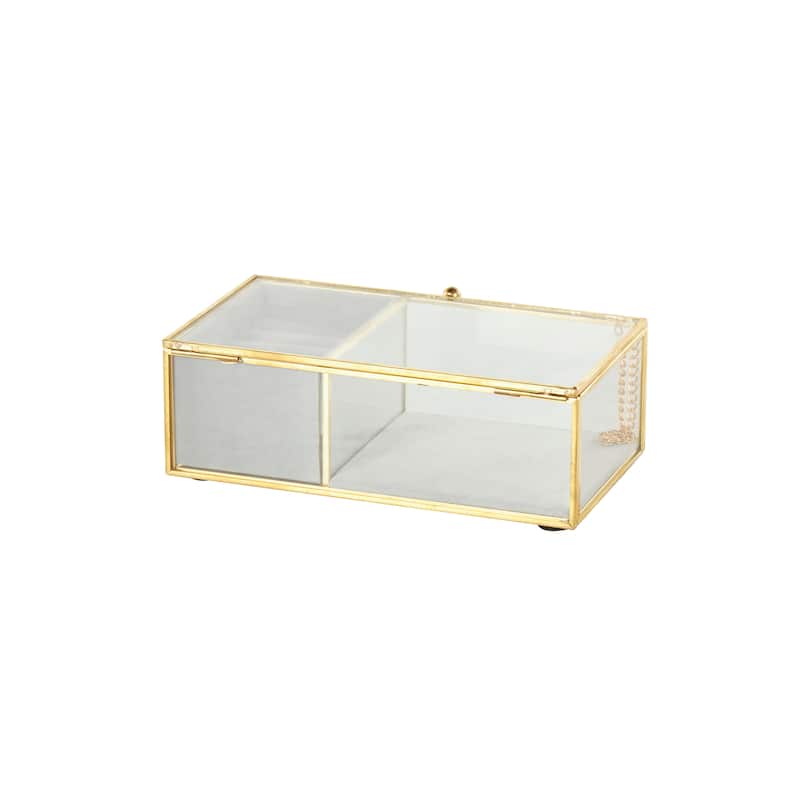 Clear Glass Jewelry Box with Gold Metal Frame and Gray Fabric Interior with Ring Slots