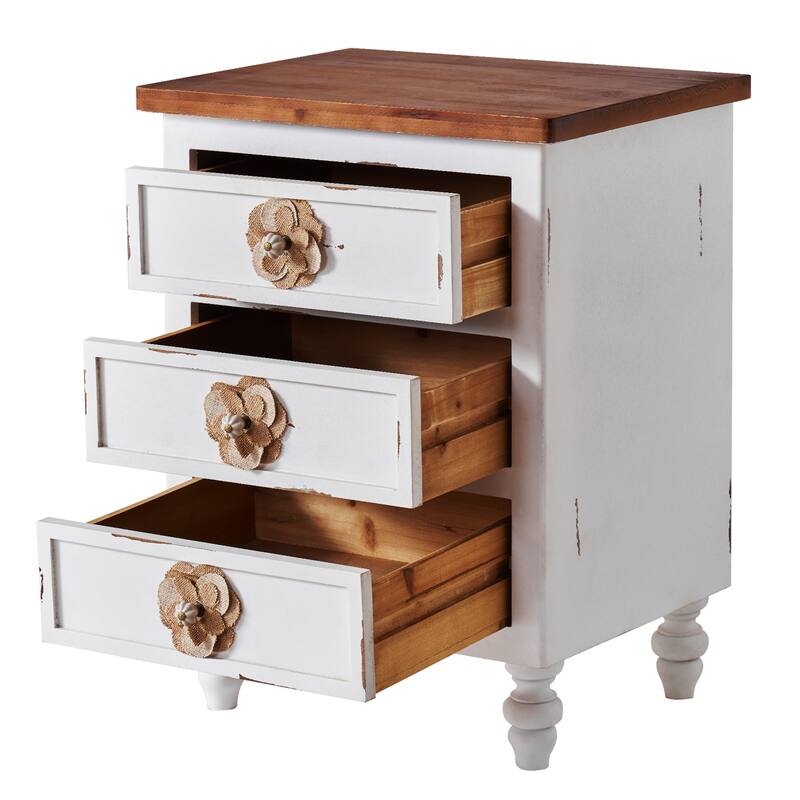 Vintage Farmhouse End Table with Floral Knobs -19"Rustic Nightstand with 3 Drawers Gourd Legs,Bedside or Sofa Accent Table