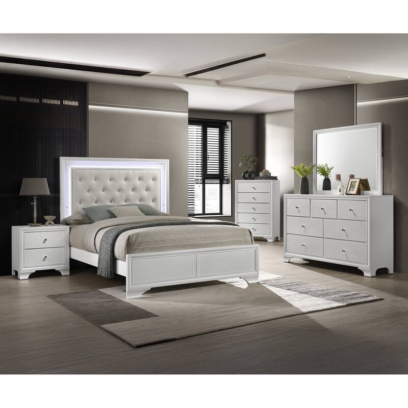 Modern White Tufted LED Headboard Queen Size Panel Bed with Textured Finish & Integrated Lighting