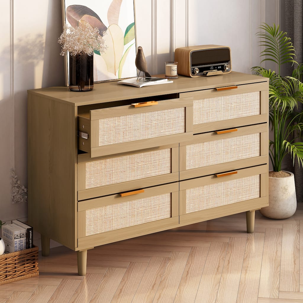Rattan Drawer Dresser with 6 Drawers, Perfect for Bedroom and Living Room