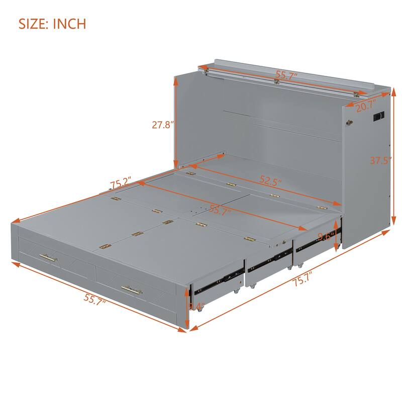 Full/Queen Size Murphy Wall Bed with Drawers, USB Ports, and Pulley Structure Design for Bedroom, Guest Rooms, Space-Saving