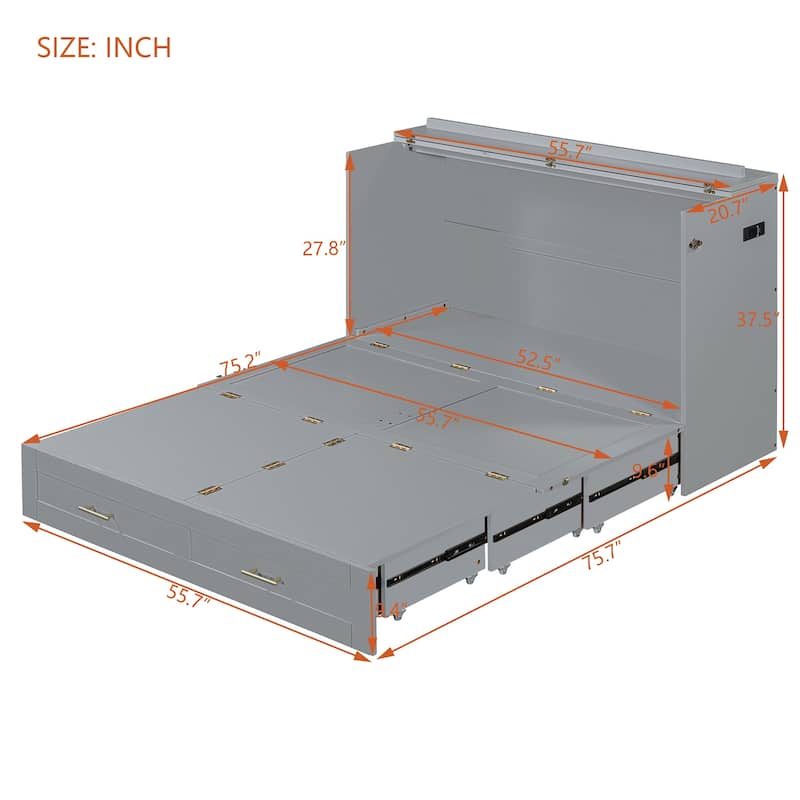 Gray Full Size Murphy Bed with Pulley Structure Design, Drawer and USB Ports for Bedroom