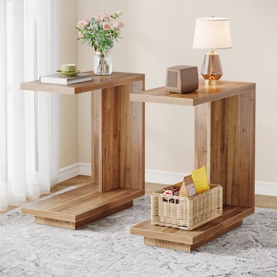C-Shaped Side Table, 2-tier Narrow End Table with Sturdy Pedestal