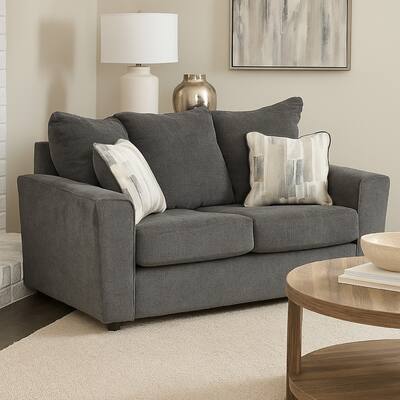 Ratty Loveseat, 63 Inch Gray Polyester, Welt Trims, 2 Throw Pillows