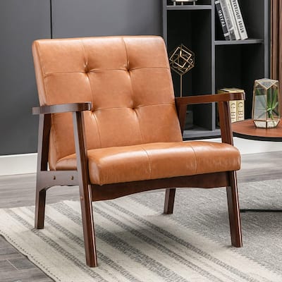 Ebello Mid-Century Modern Upholstered Leather Accent Chair with Solid Wood Frame