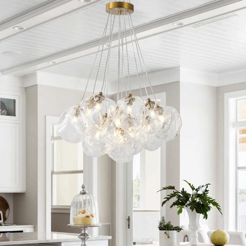 Modern 13-Light Stone Glass Globe Cluster Chandelier in Brass Finish - N/A