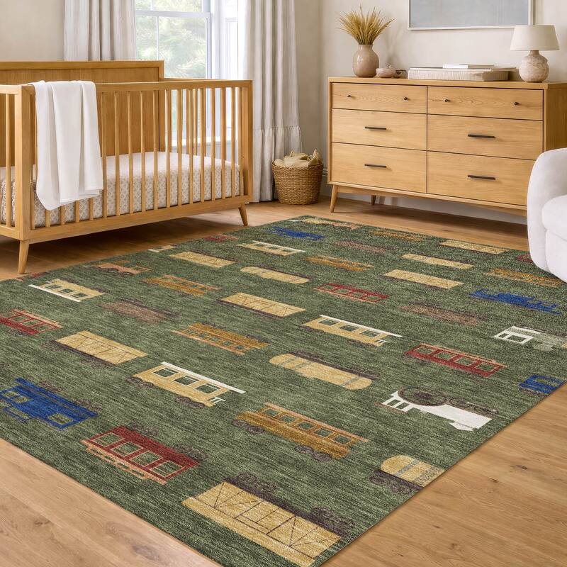 Machine Washable Indoor/ Outdoor Modern Train Chantille Rug