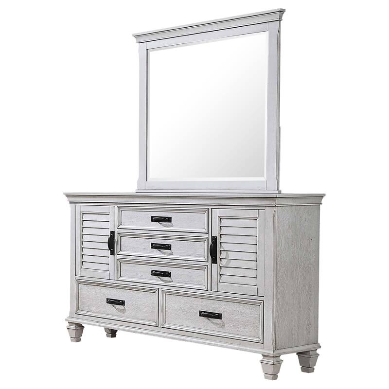 Eli Wide Dresser with Mirror, 5 Drawers 2 Cabinets, Distressed White