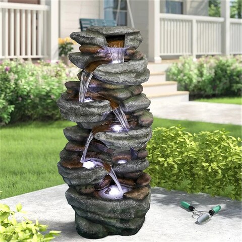 40.5"H Rocks Outdoor Water Fountain with 6 LED Lights