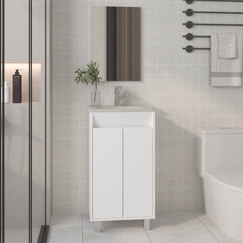 Mirror Bathroom Cabinet,One Door,Two Shelves,White - White