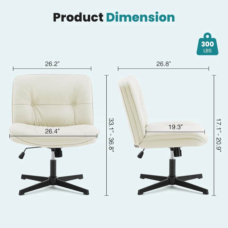 Criss Cross Legged Chair No Wheels Armless Wide Seat Adjustable Height Swivel Thick Padded PU Leather Comfortable Home Office